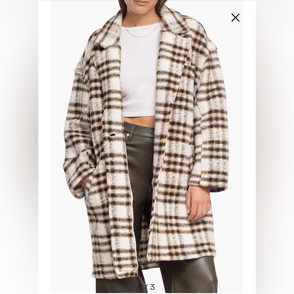 Blank NYC Cream and Brown Plaid Oversized Coat